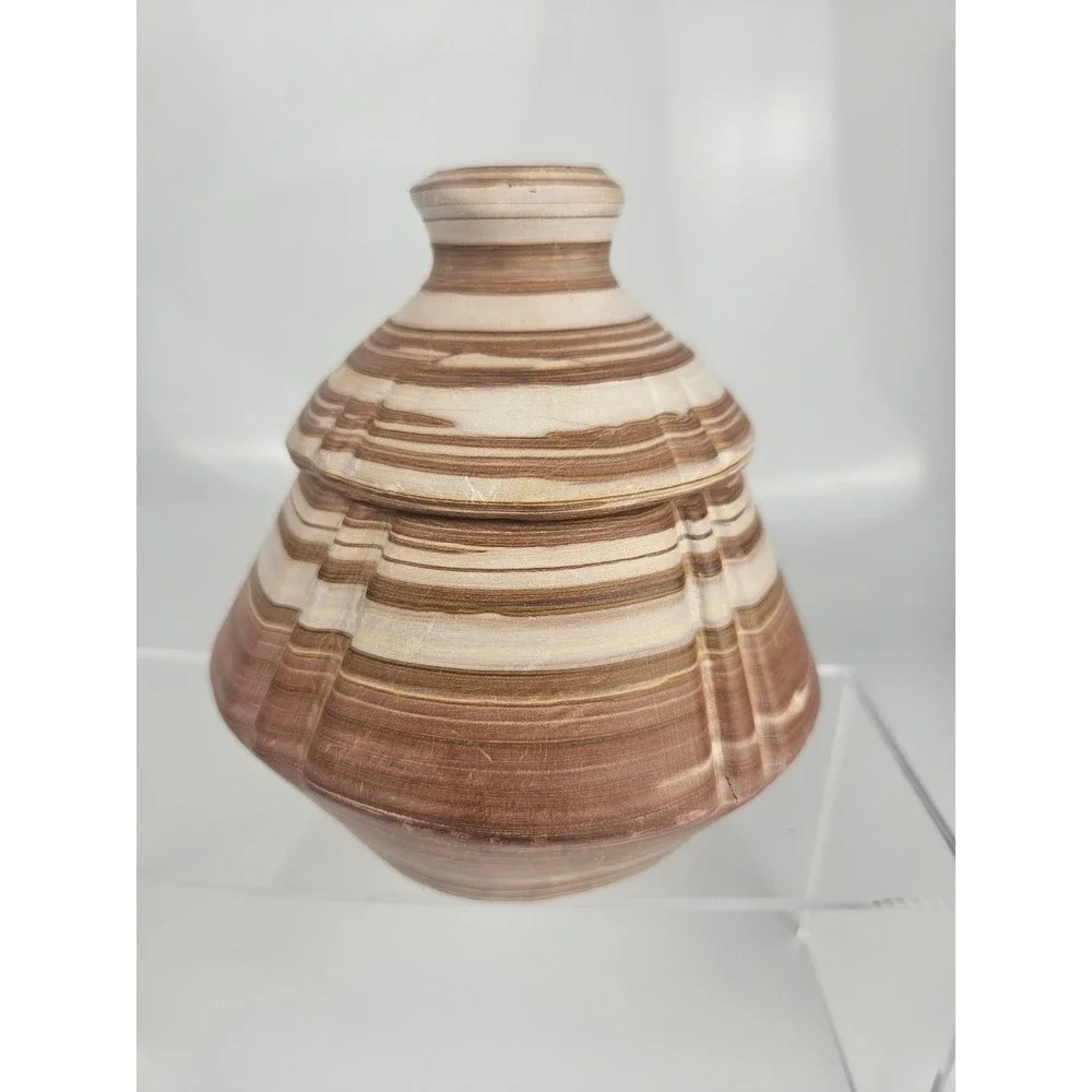 Banded Stone Lidded Jars Pair‎ Natural Stone Decor Set